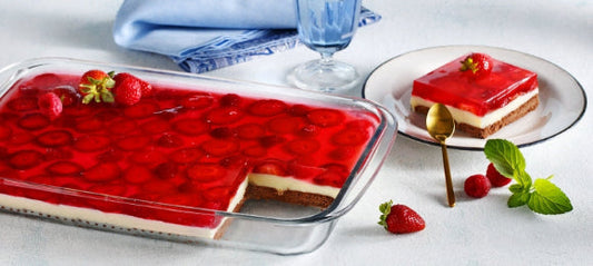 Refrigerated dessert with cornflower, chocolate cookies, and fruit Strawberry jelly